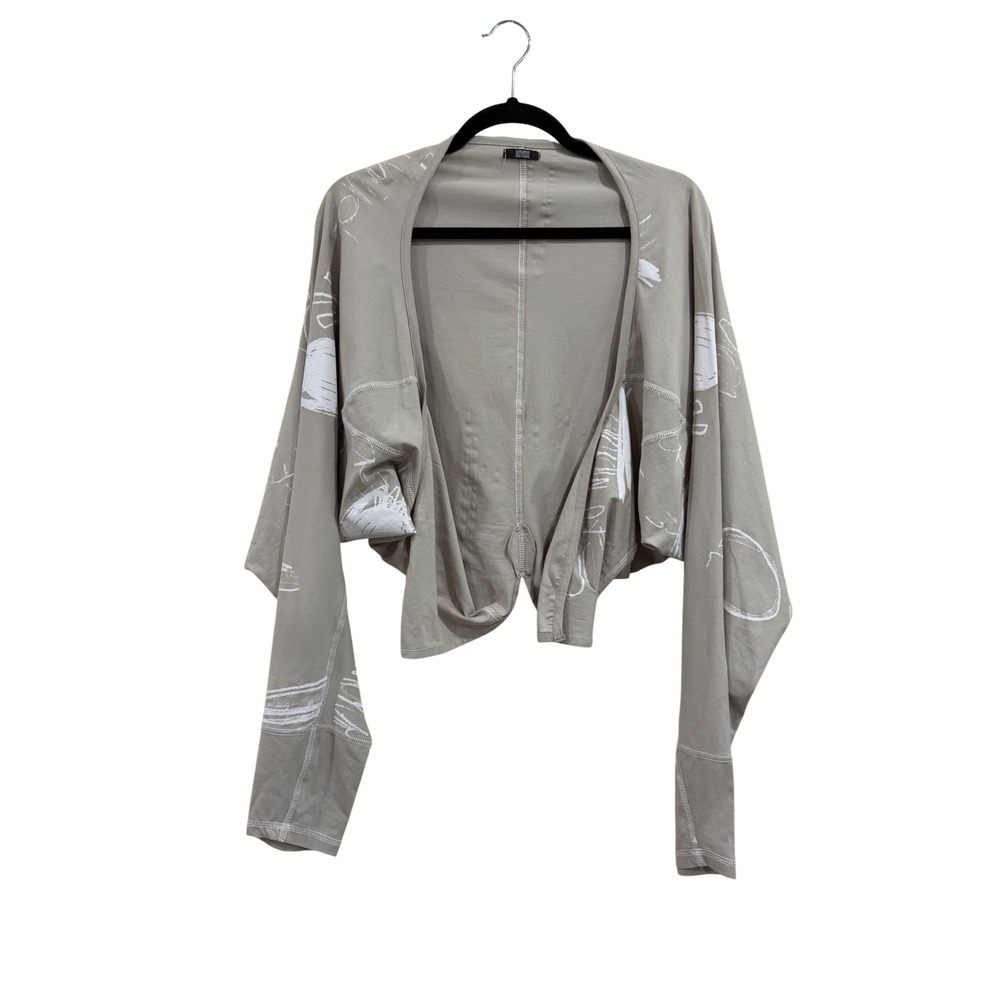 Moyuru Lagenlook Artsy Beige White Abstract Print Cotton Shrug Bolero Large